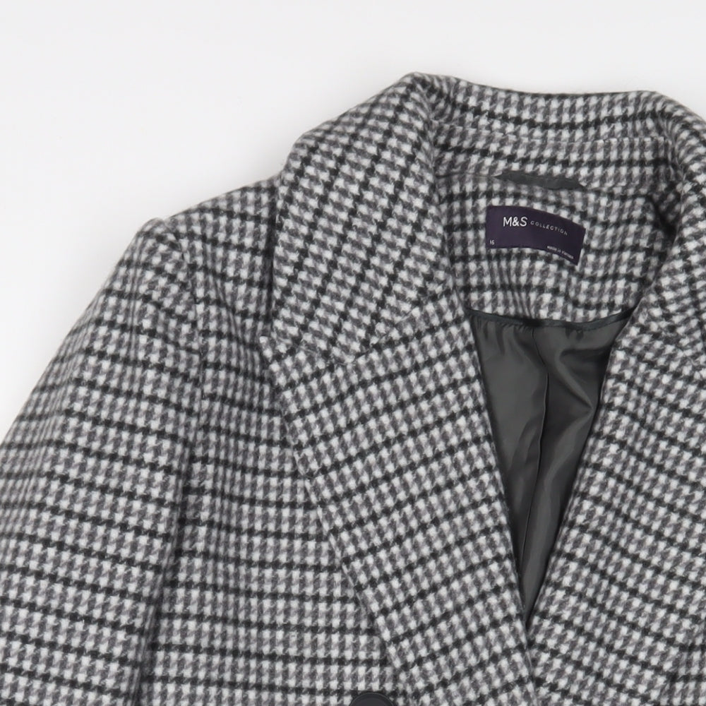Marks and Spencer Womens Grey Plaid Overcoat Coat Size 16 Button - Pockets