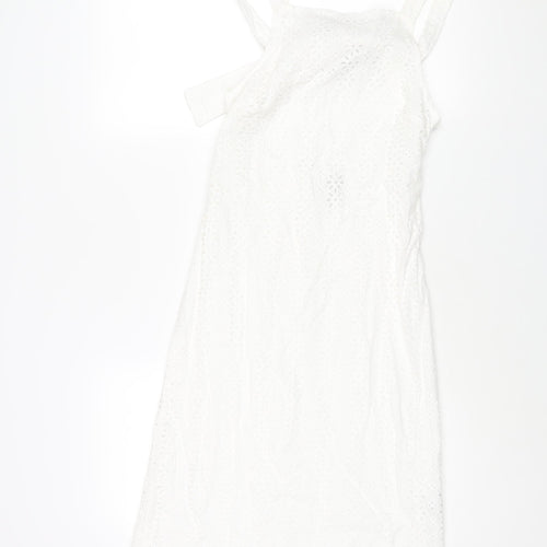 ASOS Womens White Cotton Shift Size 4 Square Neck Zip - Buckle Detail Floral Lace