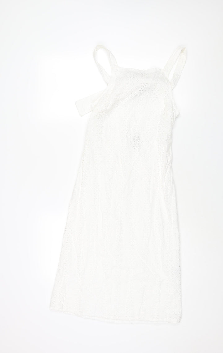 ASOS Womens White Cotton Shift Size 4 Square Neck Zip - Buckle Detail Floral Lace