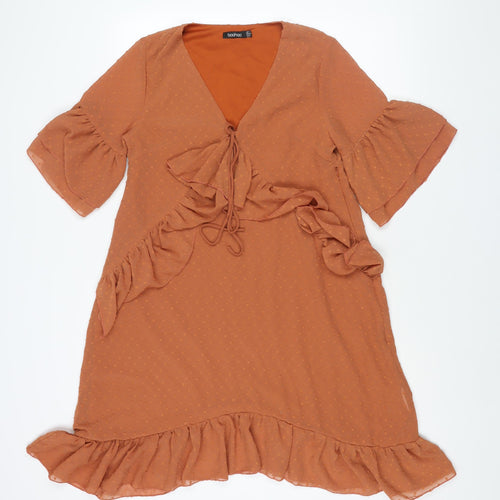 Boohoo Womens Brown Polyester A-Line Size 10 V-Neck Zip - Frill Bow