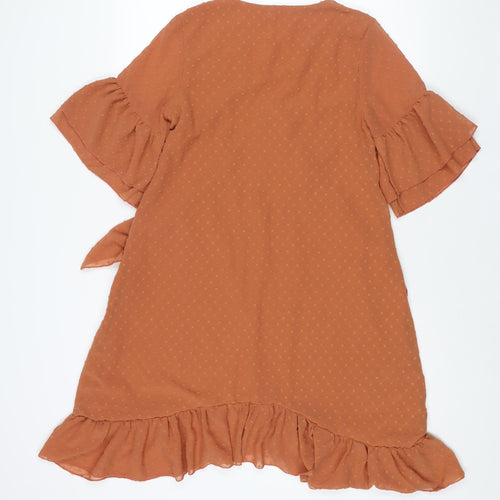 Boohoo Womens Brown Polyester A-Line Size 10 V-Neck Zip - Frill Bow