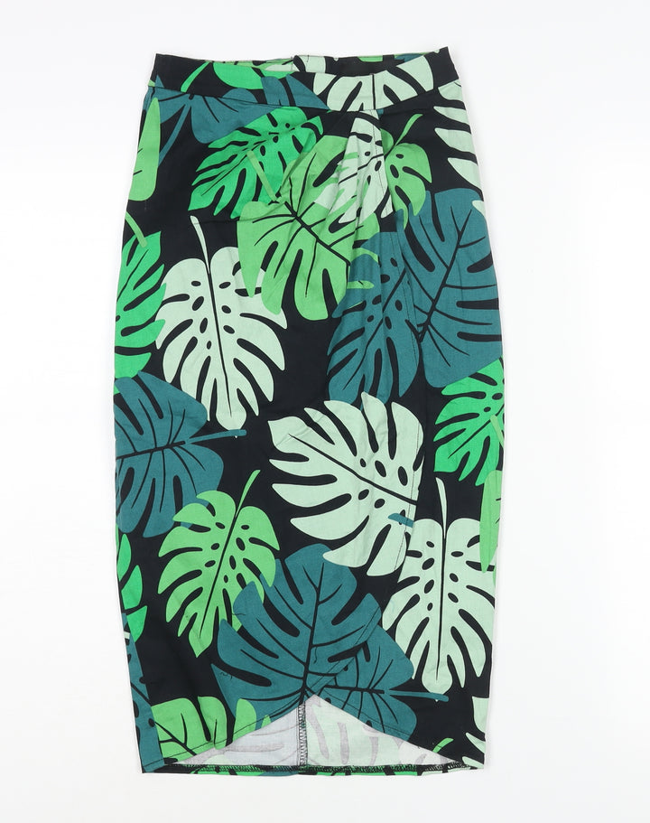 Collectif Womens Green Geometric Cotton Straight & Pencil Skirt Size 6 Zip - Leaf Print