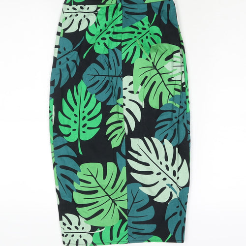 Collectif Womens Green Geometric Cotton Straight & Pencil Skirt Size 6 Zip - Leaf Print