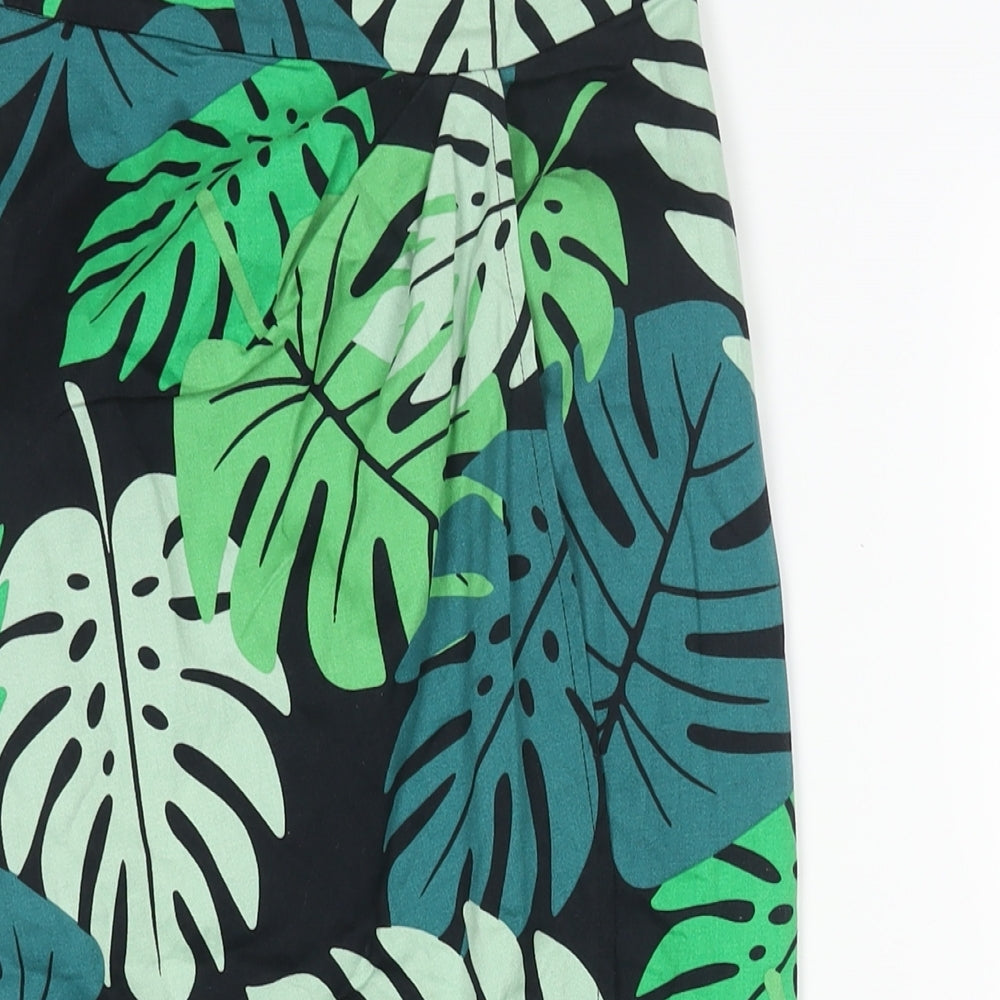 Collectif Womens Green Geometric Cotton Straight & Pencil Skirt Size 6 Zip - Leaf Print