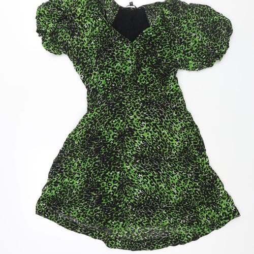NEXT Womens Green Animal Print Viscose A-Line Size 6 V-Neck Button - Leopard Print