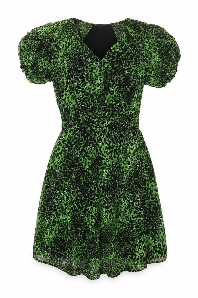 NEXT Womens Green Animal Print Viscose A-Line Size 6 V-Neck Button - Leopard Print