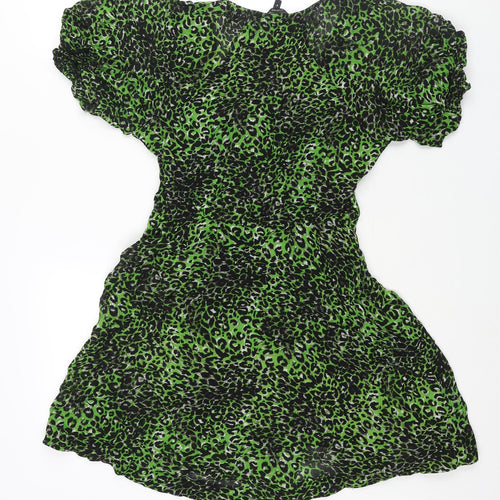 NEXT Womens Green Animal Print Viscose A-Line Size 6 V-Neck Button - Leopard Print