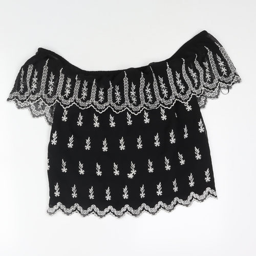 Miss Selfridge Womens Black Geometric Polyester Basic Blouse Size 8 Off the Shoulder - Embroidered Frill