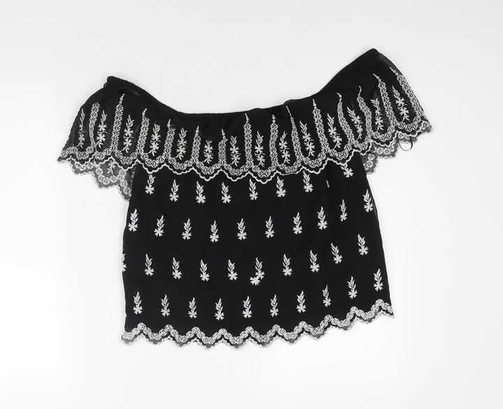 Miss Selfridge Womens Black Geometric Polyester Basic Blouse Size 8 Off the Shoulder - Embroidered Frill