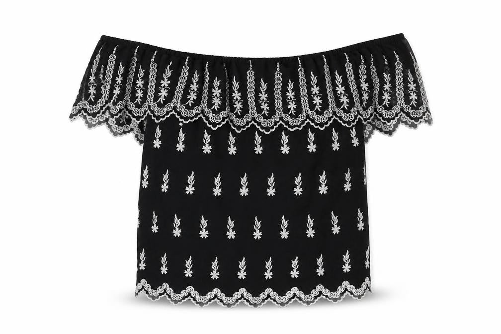 Front view of Miss Selfridge women’s black geometric polyester basic blouse, size UK 8, off the shoulder - embroidered frill