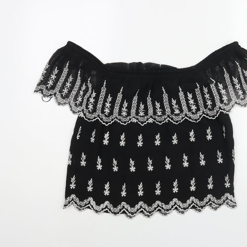 Miss Selfridge Womens Black Geometric Polyester Basic Blouse Size 8 Off the Shoulder - Embroidered Frill
