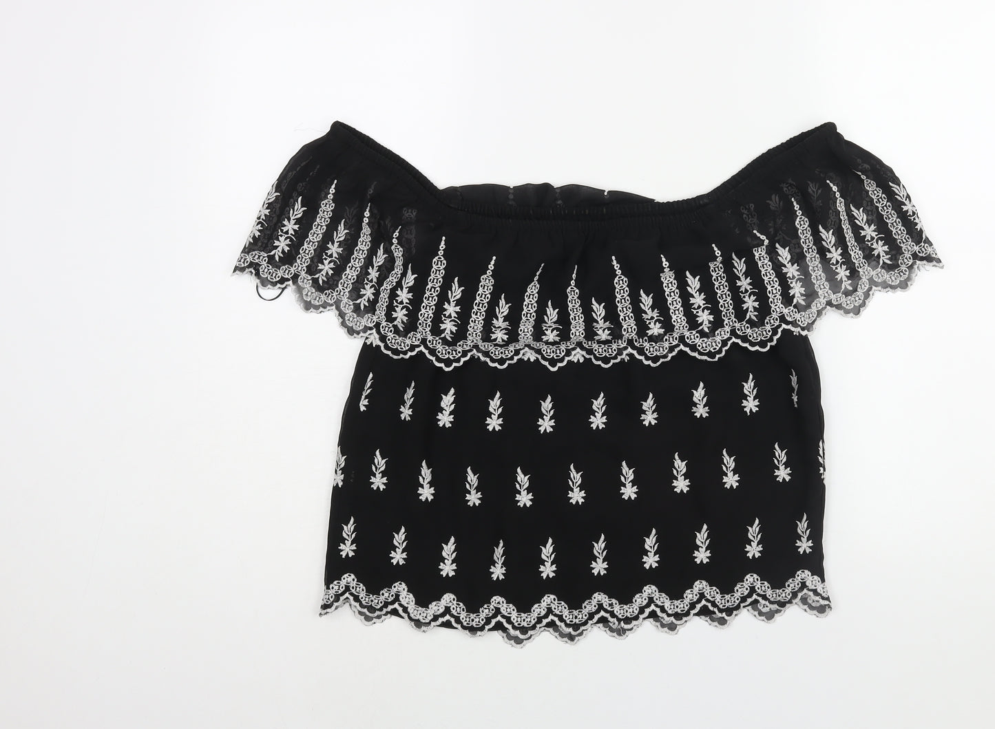 Miss Selfridge Womens Black Geometric Polyester Basic Blouse Size 8 Off the Shoulder - Embroidered Frill