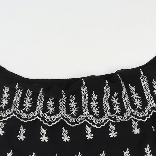 Miss Selfridge Womens Black Geometric Polyester Basic Blouse Size 8 Off the Shoulder - Embroidered Frill