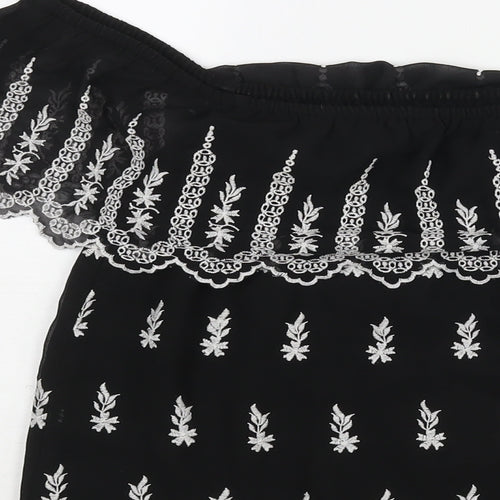 Miss Selfridge Womens Black Geometric Polyester Basic Blouse Size 8 Off the Shoulder - Embroidered Frill