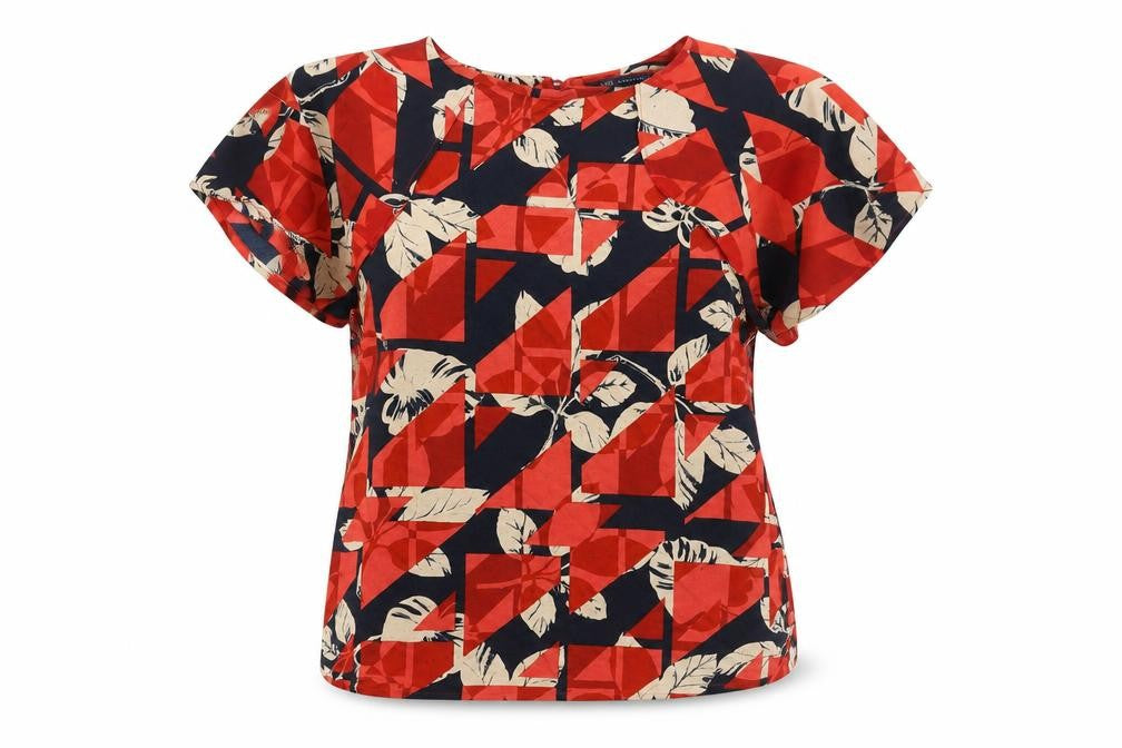 Front view of Marks & Spencer women’s red geometric viscose basic blouse, size UK 14, round neck
