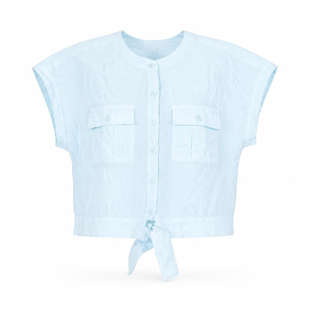 Front view of Bella Dahl women’s blue lyocell basic button-up, size L, round neck - tie detail