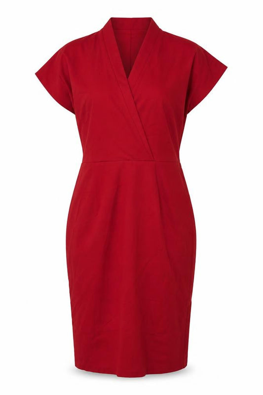 Front view of Baukjen women’s red polyester pencil dress, size UK 12, v-neck zip