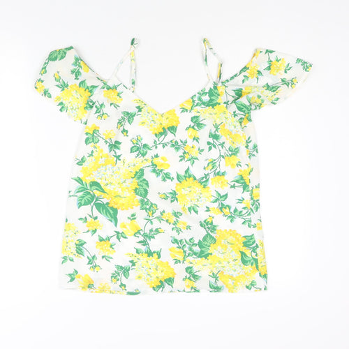 Oasis Womens Yellow Floral Polyester Basic Blouse Size 8 V-Neck - Cold Shoulder