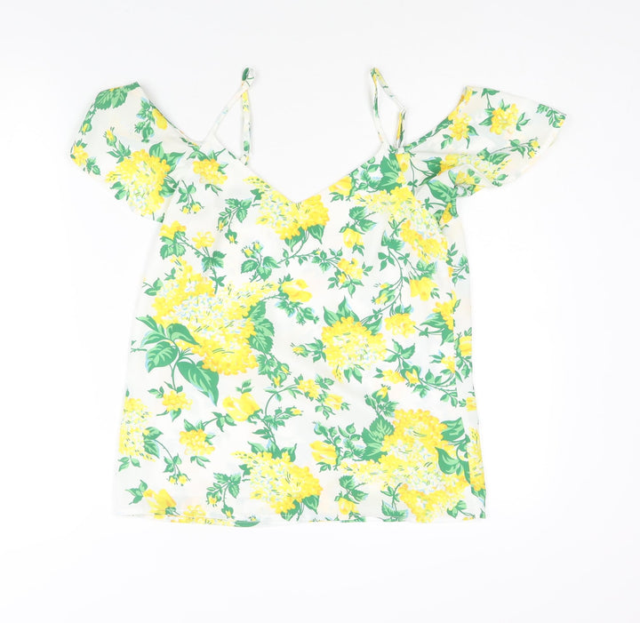 Oasis Womens Yellow Floral Polyester Basic Blouse Size 8 V-Neck - Cold Shoulder