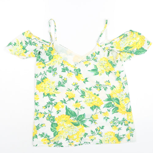 Oasis Womens Yellow Floral Polyester Basic Blouse Size 8 V-Neck - Cold Shoulder