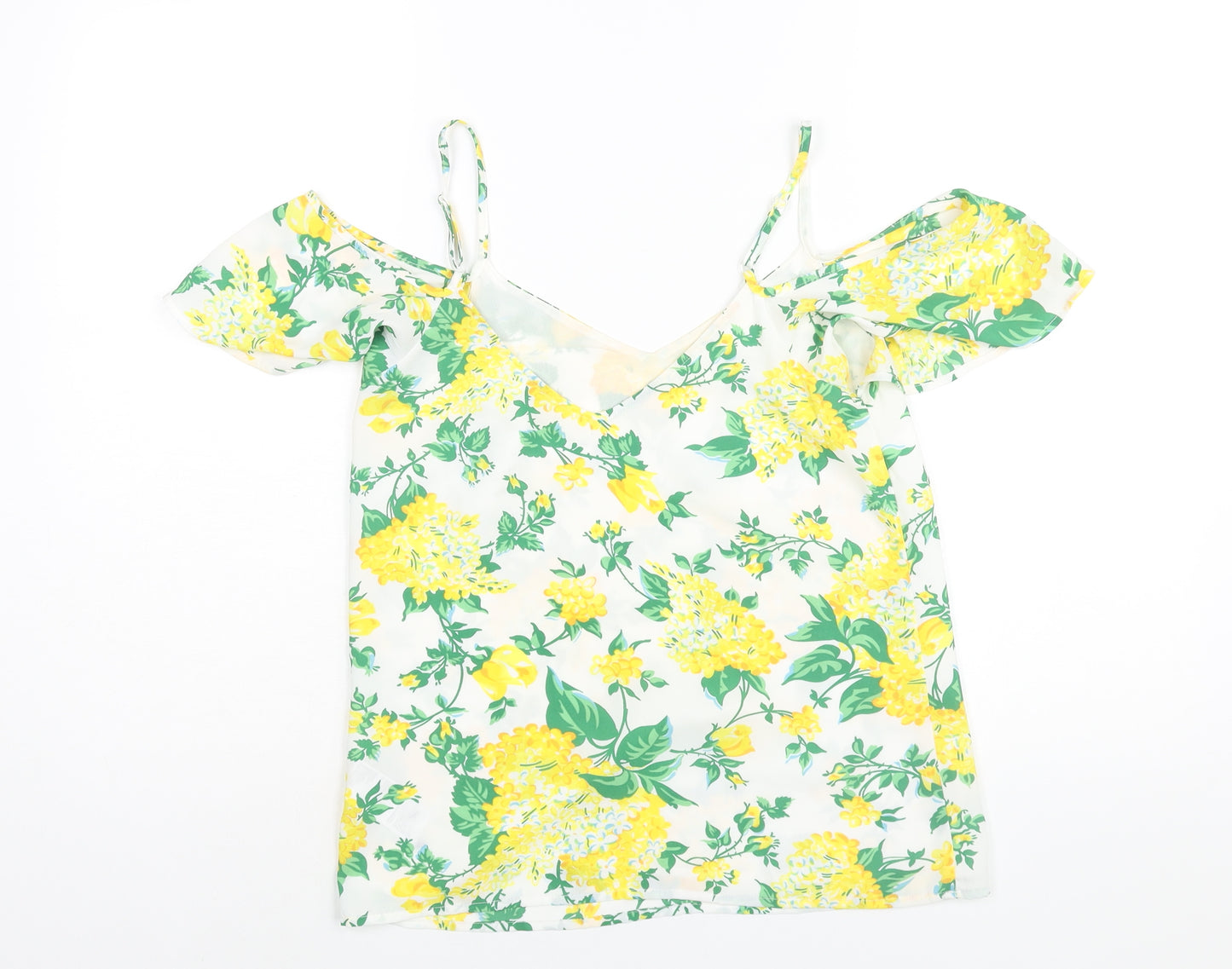 Oasis Womens Yellow Floral Polyester Basic Blouse Size 8 V-Neck - Cold Shoulder
