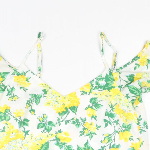Oasis Womens Yellow Floral Polyester Basic Blouse Size 8 V-Neck - Cold Shoulder