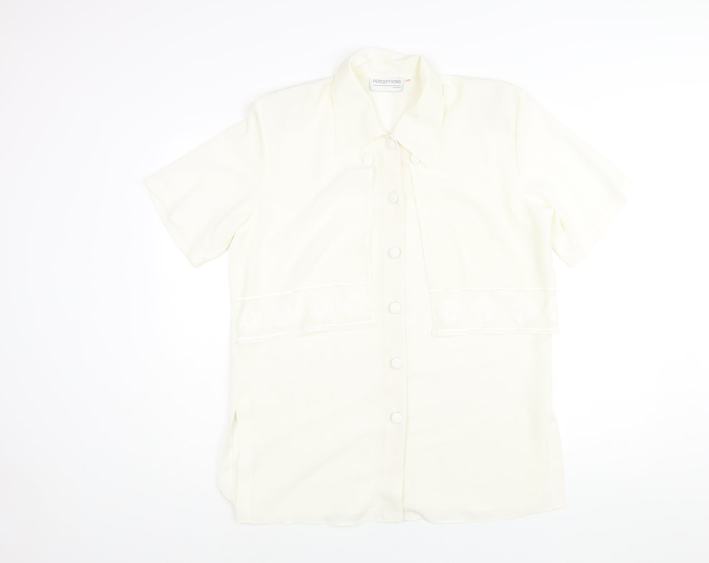 Perceptions Womens Ivory Polyester Basic Blouse Size 12 Collared - Embroidered Detail
