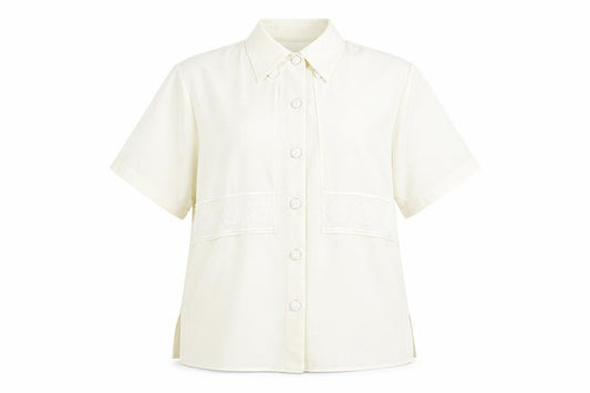 Front view of Perceptions women’s ivory polyester basic blouse, size UK 12, collared - embroidered detail