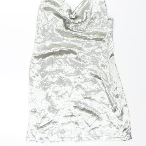 Public Desire Womens Silver Polyester Slip Dress Size M Cowl Neck Tie