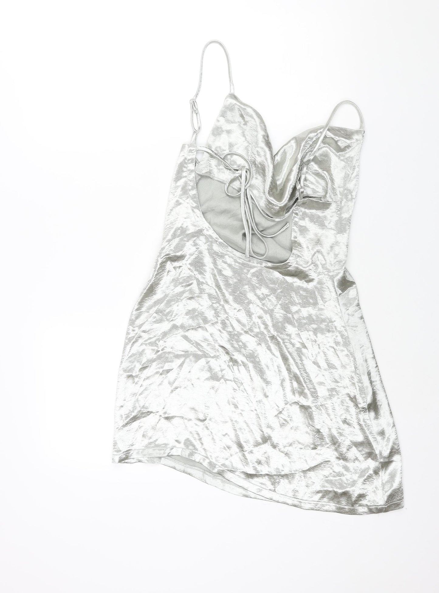 Public Desire Womens Silver Polyester Slip Dress Size M Cowl Neck Tie
