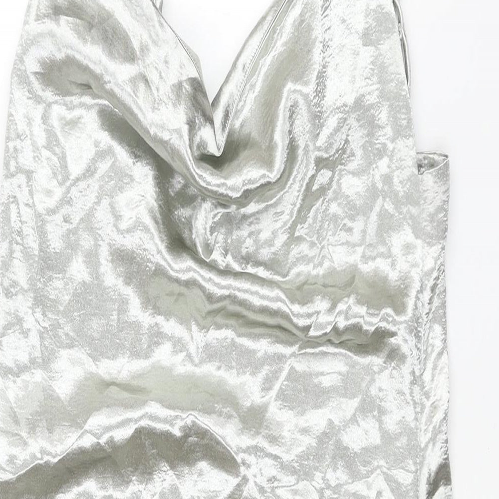 Public Desire Womens Silver Polyester Slip Dress Size M Cowl Neck Tie