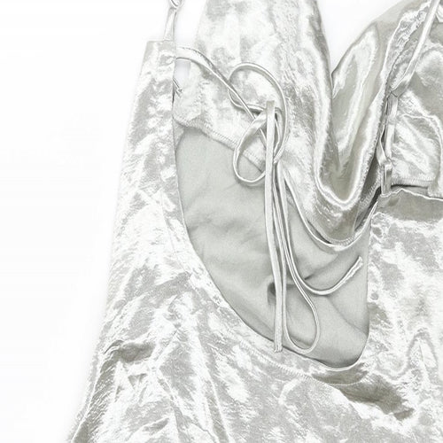Public Desire Womens Silver Polyester Slip Dress Size M Cowl Neck Tie