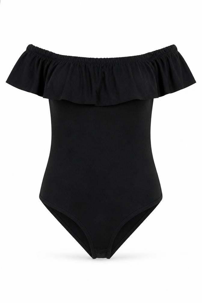 Front view of Only women’s black viscose bodysuit one-piece, size S, snap - frill