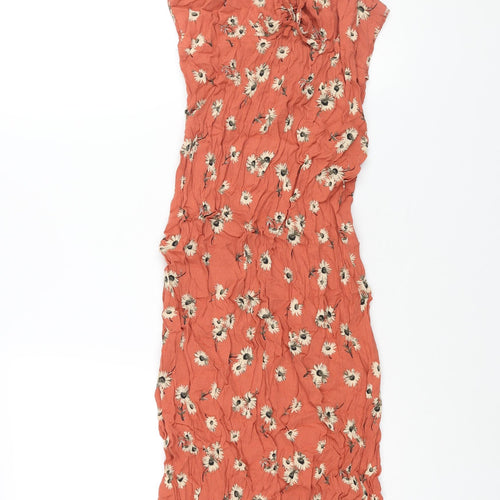Mango Womens Orange Floral Viscose Shift Size M V-Neck Pullover - Bow Detail