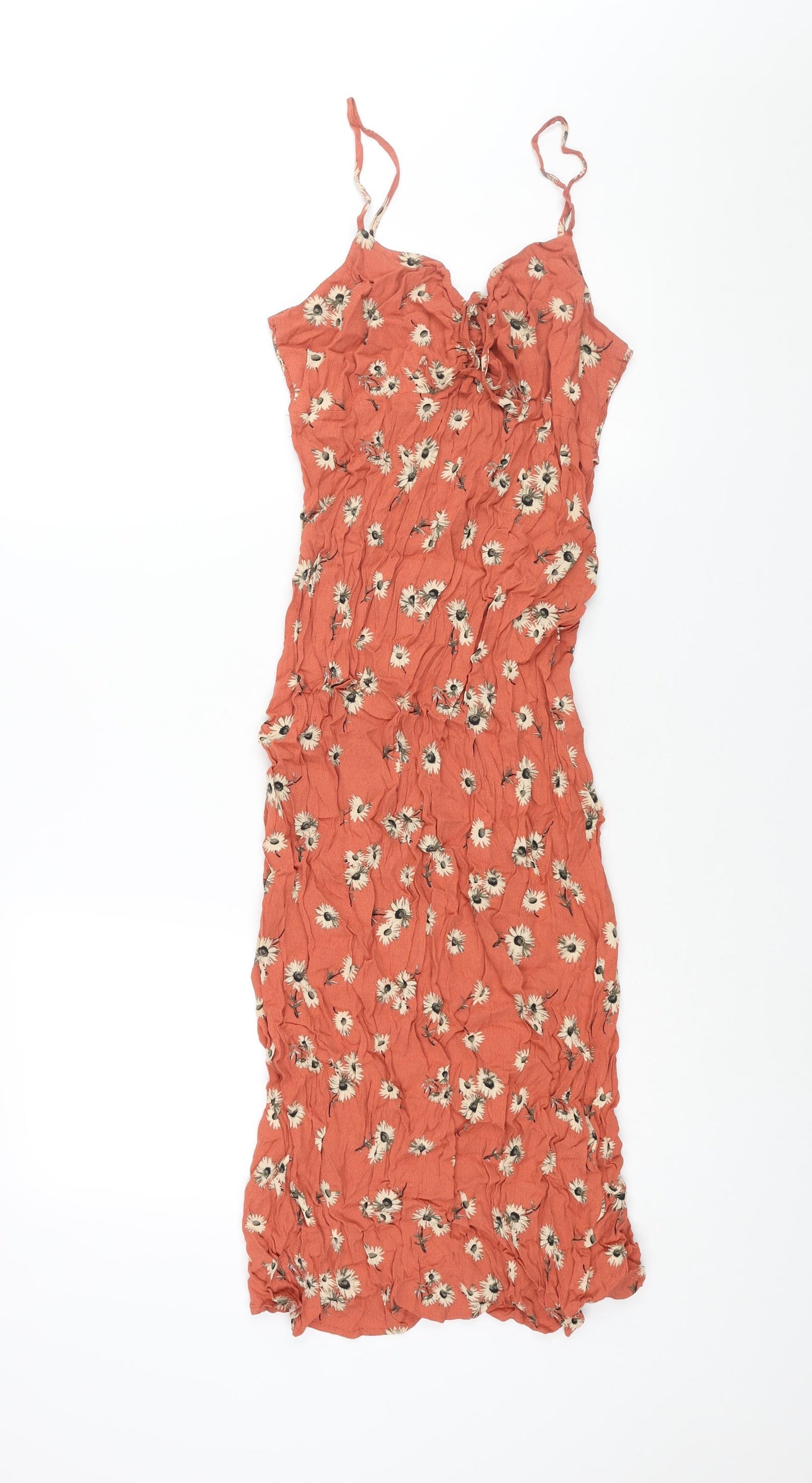 Mango Womens Orange Floral Viscose Shift Size M V-Neck Pullover - Bow Detail
