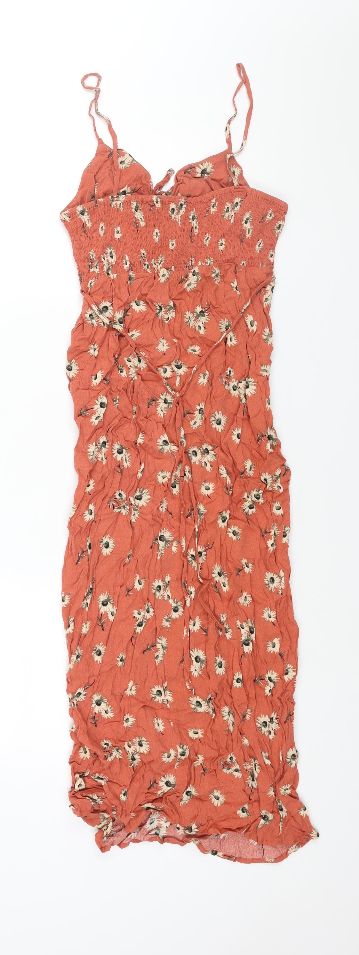 Mango Womens Orange Floral Viscose Shift Size M V-Neck Pullover - Bow Detail