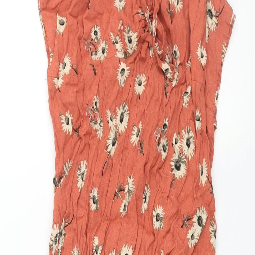 Mango Womens Orange Floral Viscose Shift Size M V-Neck Pullover - Bow Detail