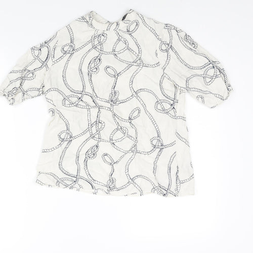 Marks and Spencer Womens White Geometric Viscose Basic Blouse Size 12 Mock Neck - Rope Pattern