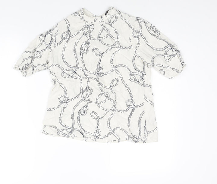 Marks and Spencer Womens White Geometric Viscose Basic Blouse Size 12 Mock Neck - Rope Pattern