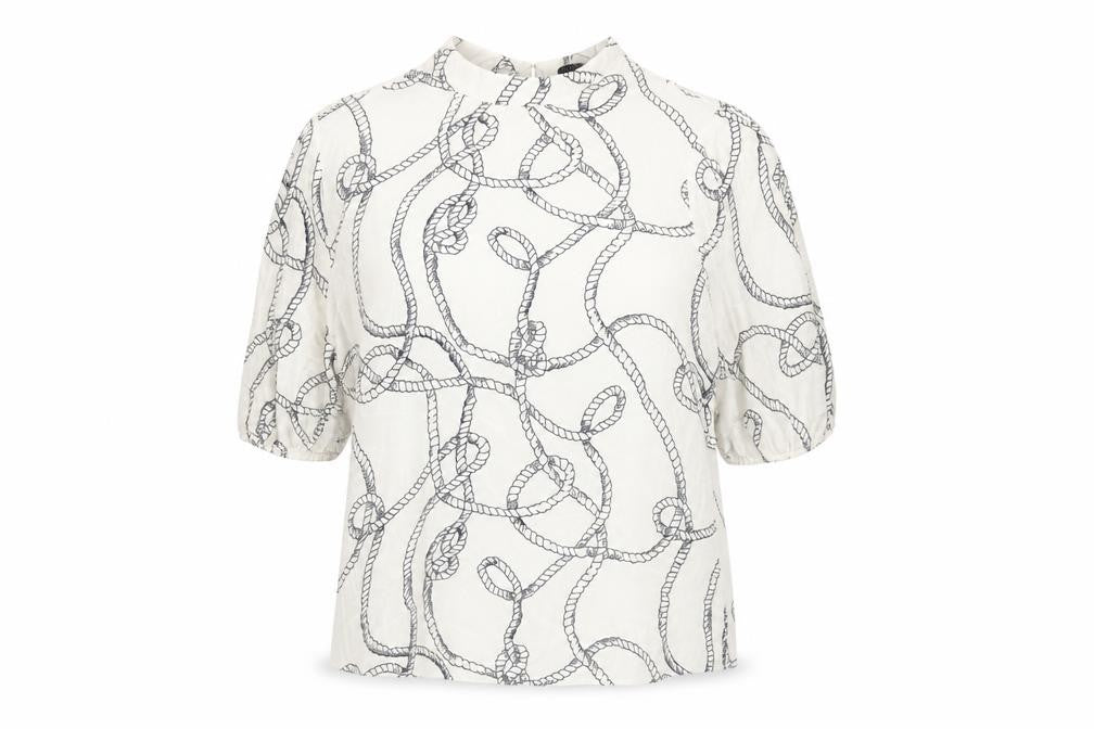 Front view of Marks & Spencer women’s white geometric viscose basic blouse, size UK 12, mock neck - rope pattern