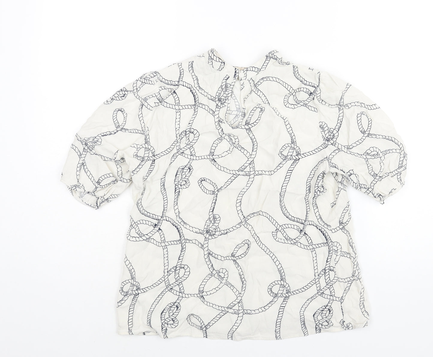 Marks and Spencer Womens White Geometric Viscose Basic Blouse Size 12 Mock Neck - Rope Pattern