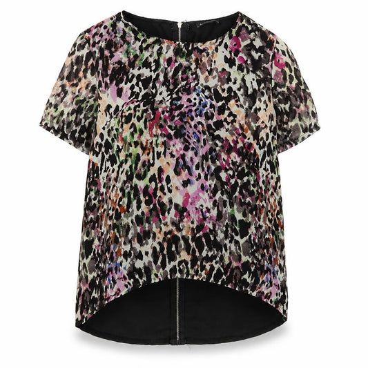 Front view of Poppy Lux women’s multicoloured polyester basic blouse, size UK 8, round neck - leopard print