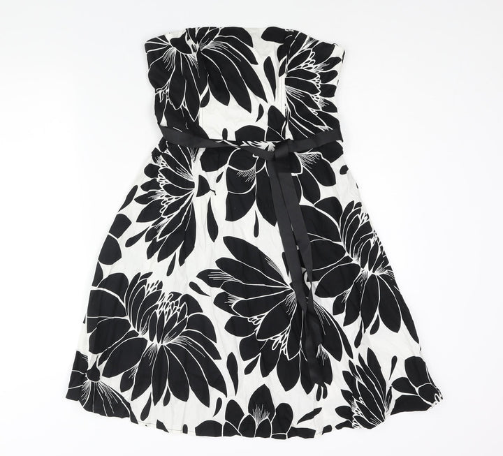 M&Co Womens Black Floral Cotton A-Line Size 12 Square Neck Zip - Belted