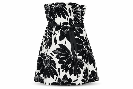 Front view of M&Co women’s black floral cotton a-line, size UK 12, square neck zip - belted
