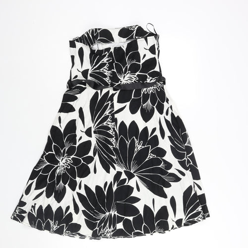M&Co Womens Black Floral Cotton A-Line Size 12 Square Neck Zip - Belted