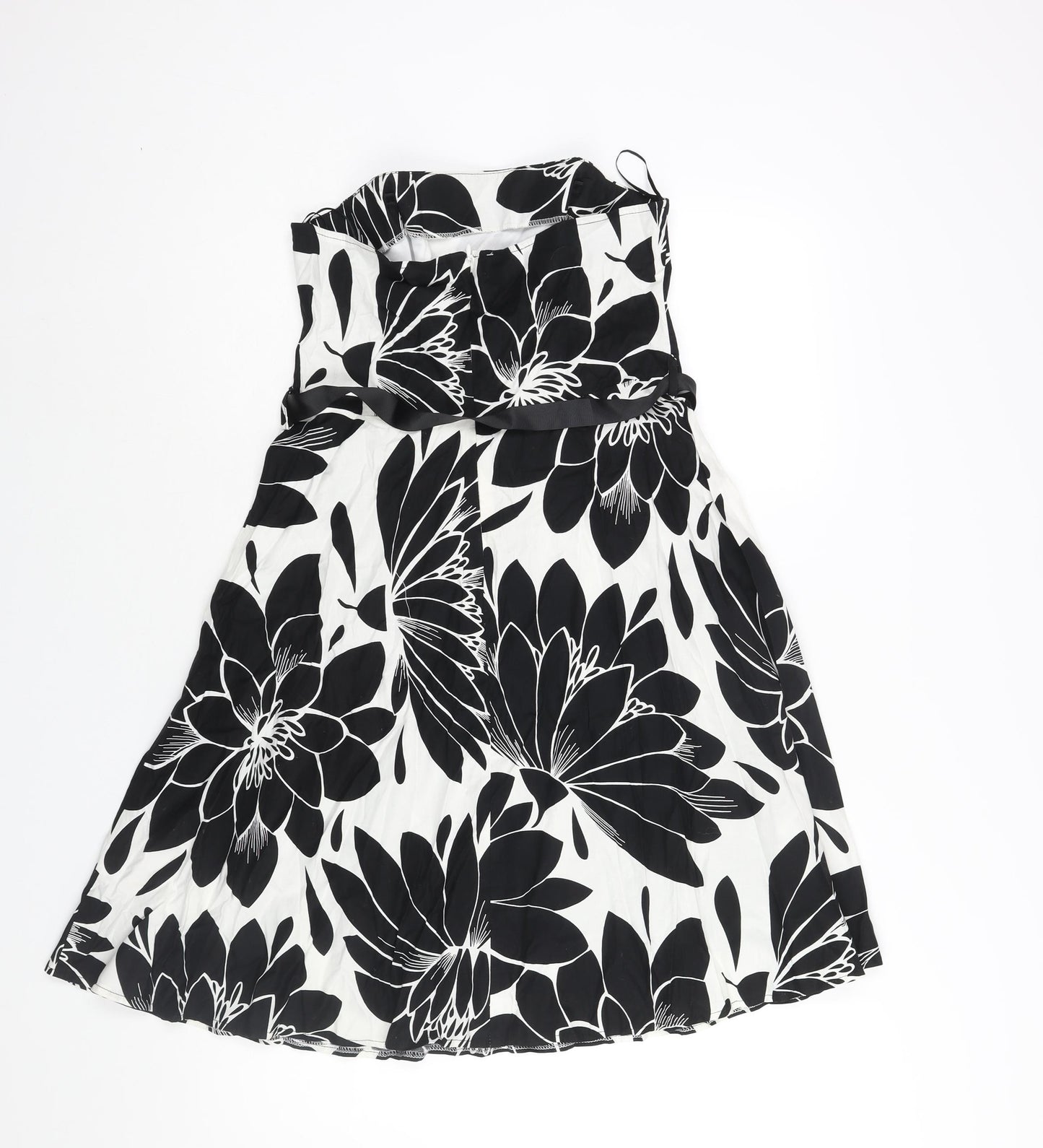 M&Co Womens Black Floral Cotton A-Line Size 12 Square Neck Zip - Belted