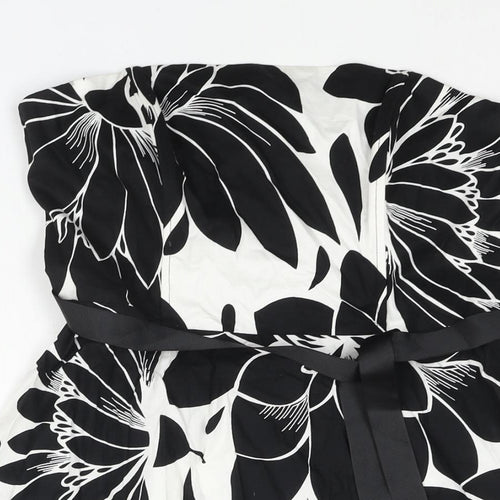 M&Co Womens Black Floral Cotton A-Line Size 12 Square Neck Zip - Belted