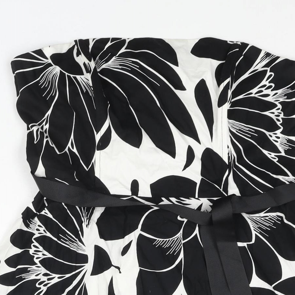 M&Co Womens Black Floral Cotton A-Line Size 12 Square Neck Zip - Belted