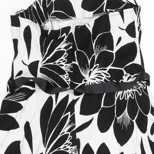 M&Co Womens Black Floral Cotton A-Line Size 12 Square Neck Zip - Belted