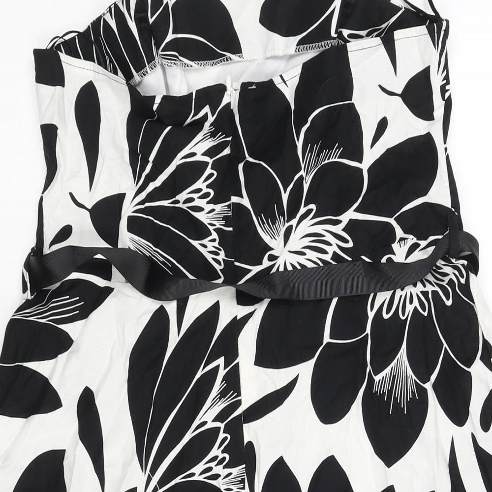 M&Co Womens Black Floral Cotton A-Line Size 12 Square Neck Zip - Belted
